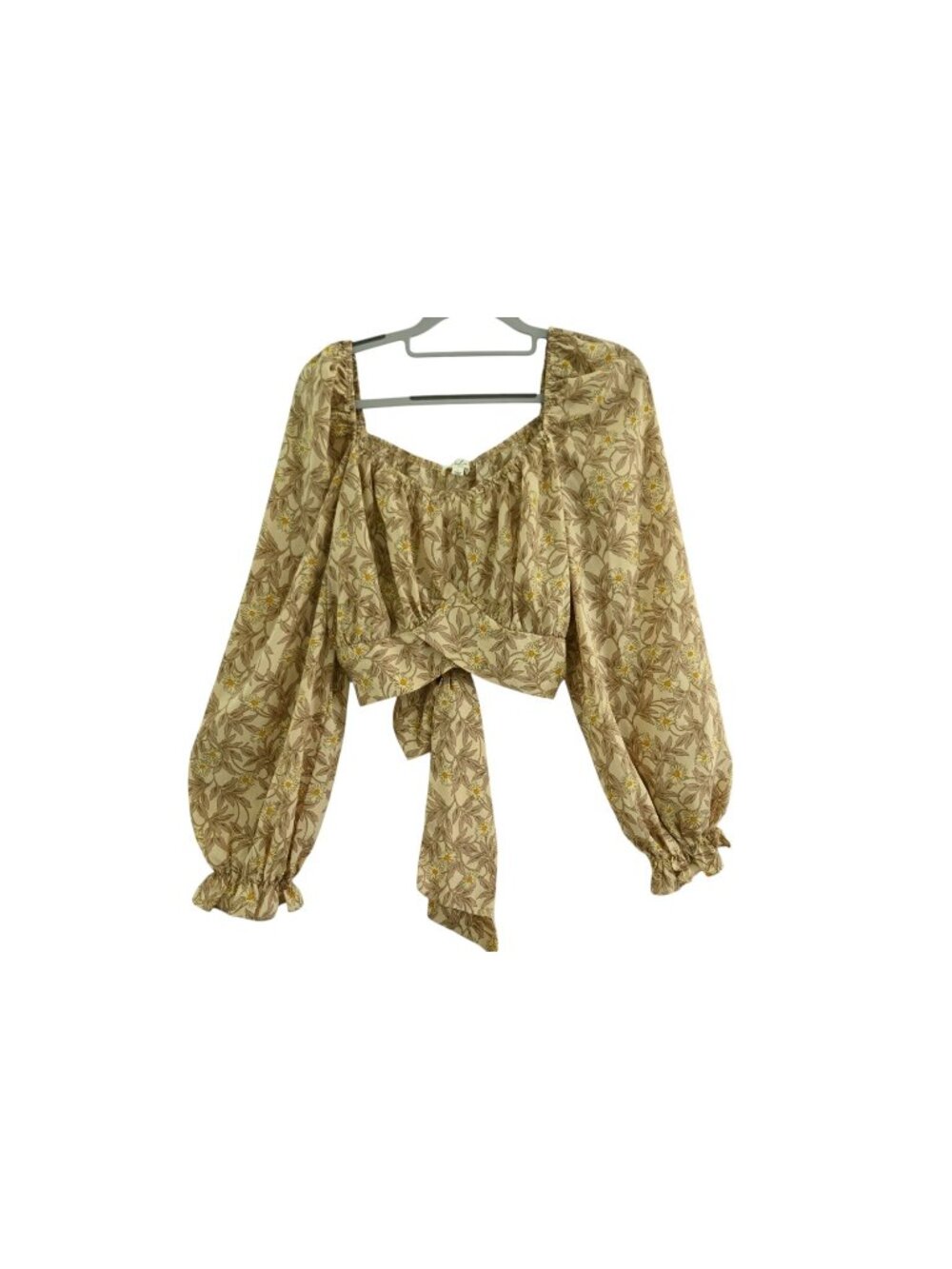 Feel In Long Sleeve Crop Top Sz L Khaki Tan Floral Tie Back Peasant Cottagecore